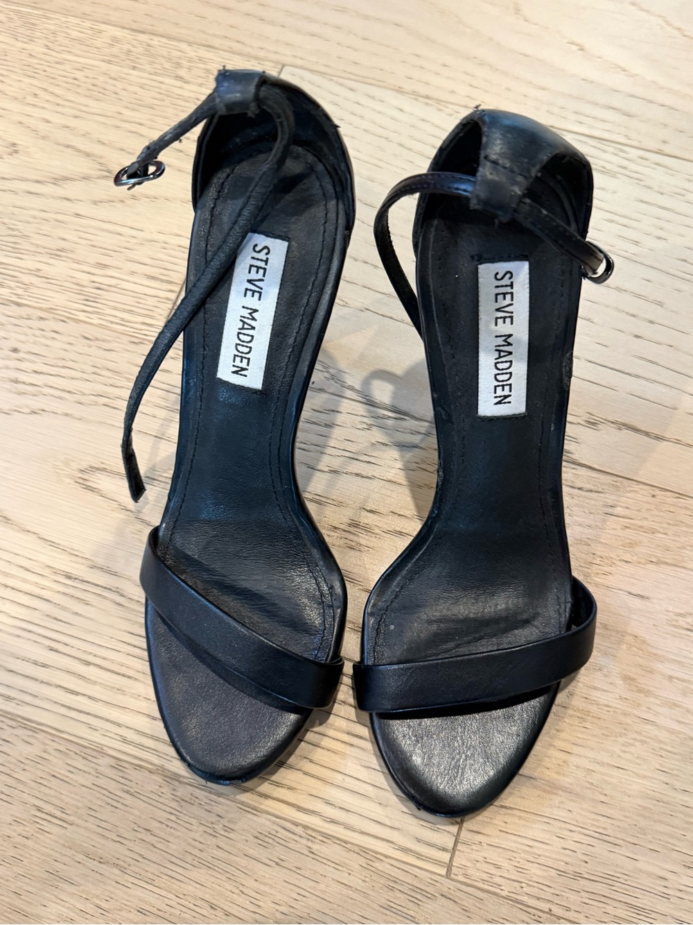 Steve Madden Black Leather Single-Strap Ankle-Heel Sandals